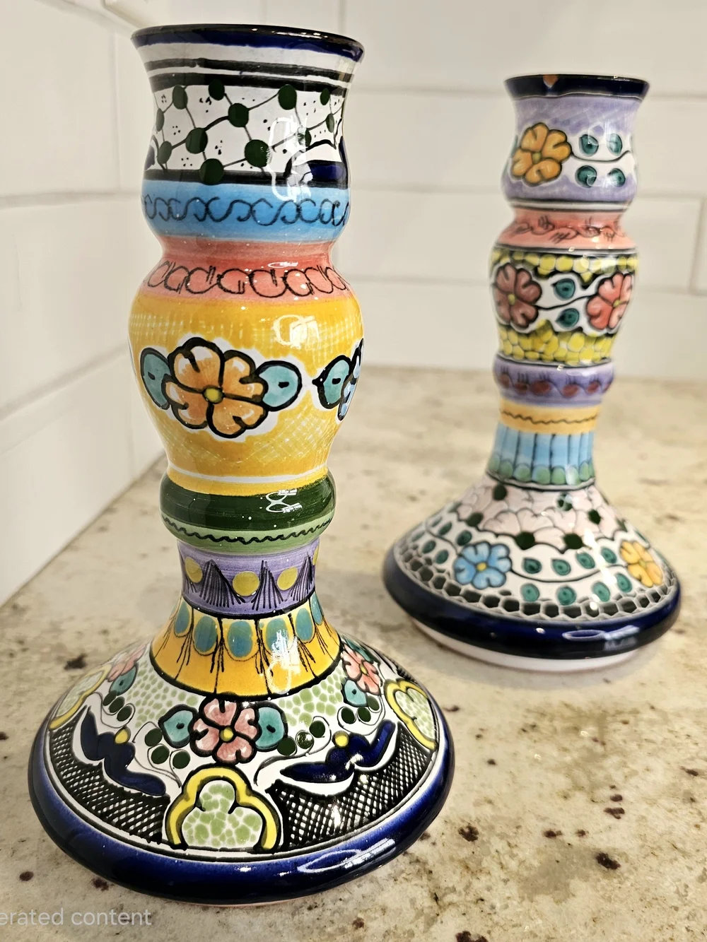 Hand-Painted Multicolor Earthenware Candle Holders Floral Talavera Pue Mex. Art